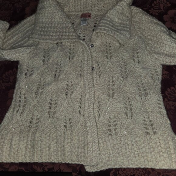 Anthropologie Hand Knit by Dollie Ivory Sequin Wool Knit Cardigan Women Size XL - Picture 7 of 9